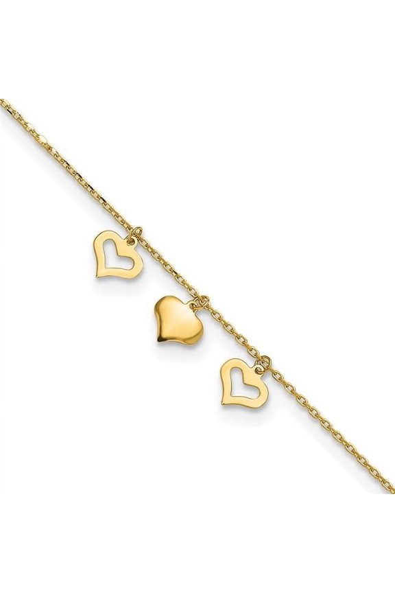 14K Yellow Gold 3 Hearts 10 in. Plus 1 in. Extension Anklet