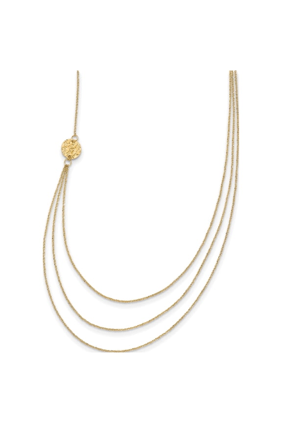 14K Yellow Gold 3-Layer Ropa Chain Bib with Textured Side Circles 16 inch Necklace Plus 2 inch Extender