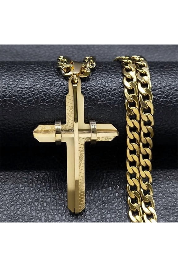 14K Yellow Gold 3D Cross Pendant Chain Necklace, Distinguished Men Meaningful Christ Medal Gift