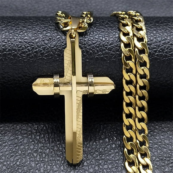 14K Yellow Gold 3D Cross Pendant Chain Necklace For Men Christ Medal Jewelry Accessories Gift