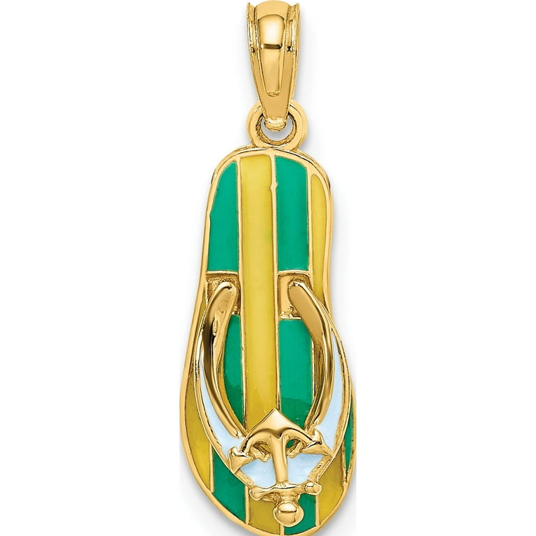 14K Yellow Gold 3D Enamel Anchor On Stripe Flip-Flop Charm