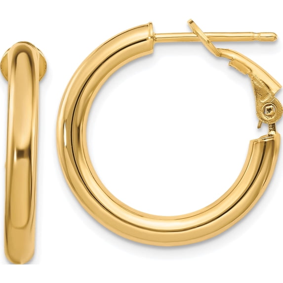 14K Yellow Gold 3X15mm Polished Round Omega Back Hoop Earrings (22 X 22) Made In Italy -Jewelry By Sweet Pea