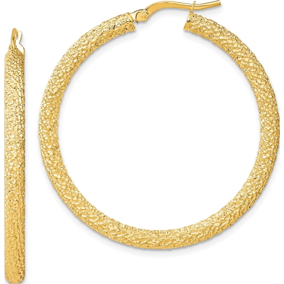 14K Yellow Gold 3X30mm Diamond-Cut Hoop Earrings (Width 39) (Length 40.6) - Jbsp