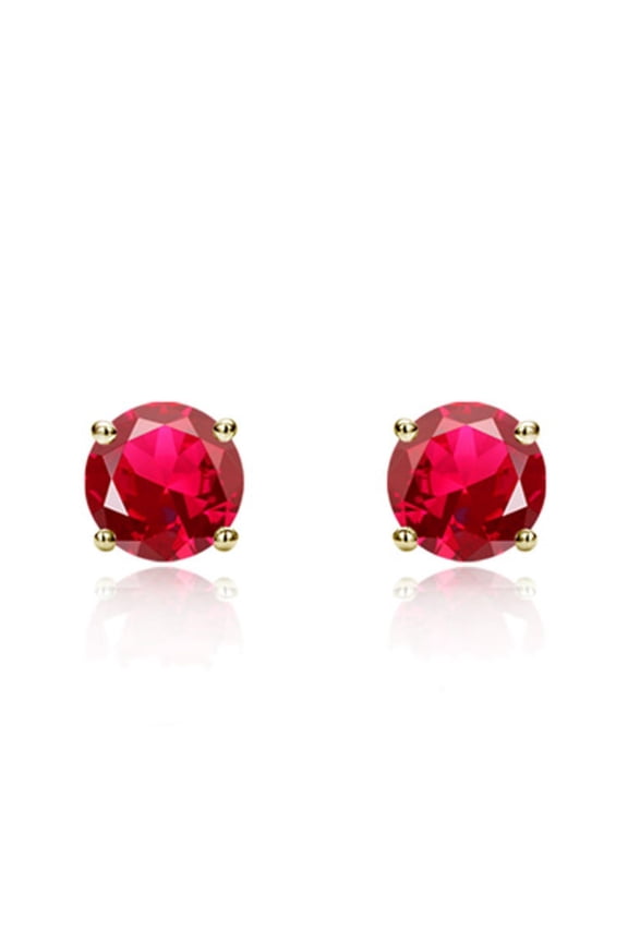 14K Yellow Gold 3mm Round Cubic Zircornia Prong Set Solitaire Screwback Stud Earrings - Red