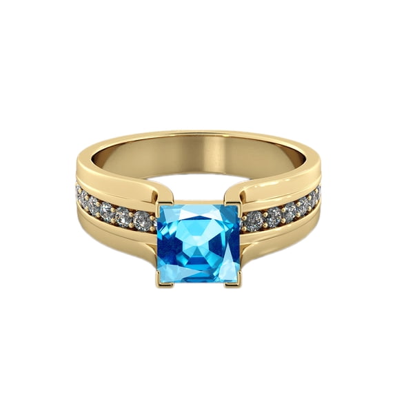 14K Yellow Gold 4.20 ctw Blue Topaz Ring with Diamonds Bridge Channel set Princess