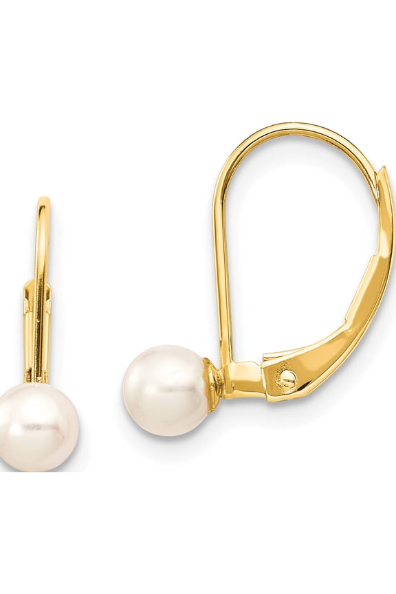 14K Yellow Gold 4-5mm White Round Freshwater Cultured Pearl Leverback Earrings
