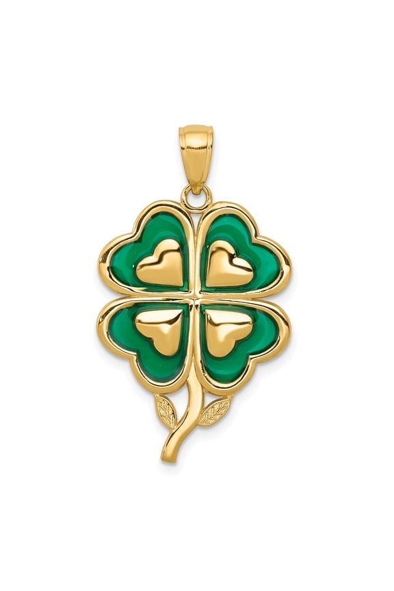 14K Yellow Gold 4-Leaf Clover Pendant with Green Enameled Tips Pendant