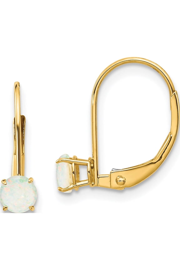 14K Yellow Gold 4mm Round October/Opal Leverback Earrings (13 X 4) Made In India xbe82