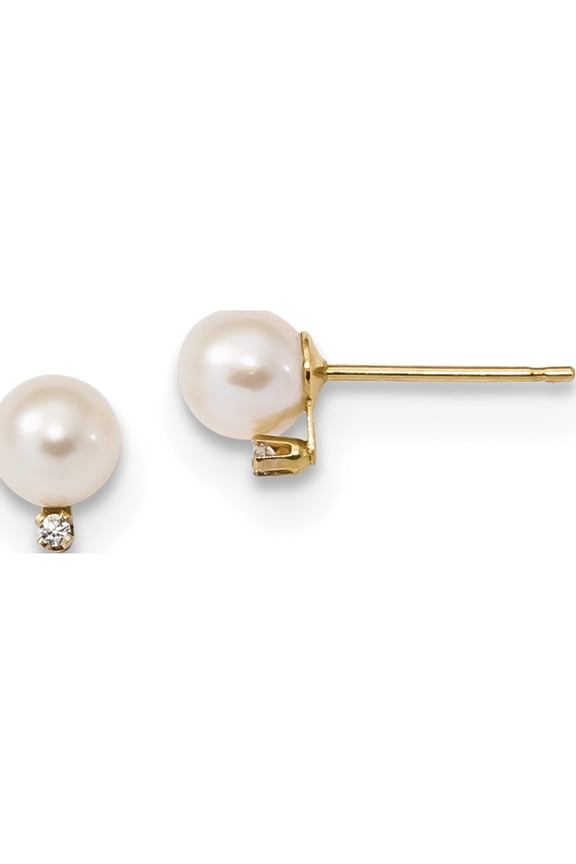 14K Yellow Gold 5-5.5mm White Round Freshwater Cultured Pearl Cz Post Earrings (6.53 X 5.16) Made In Canada xf620e