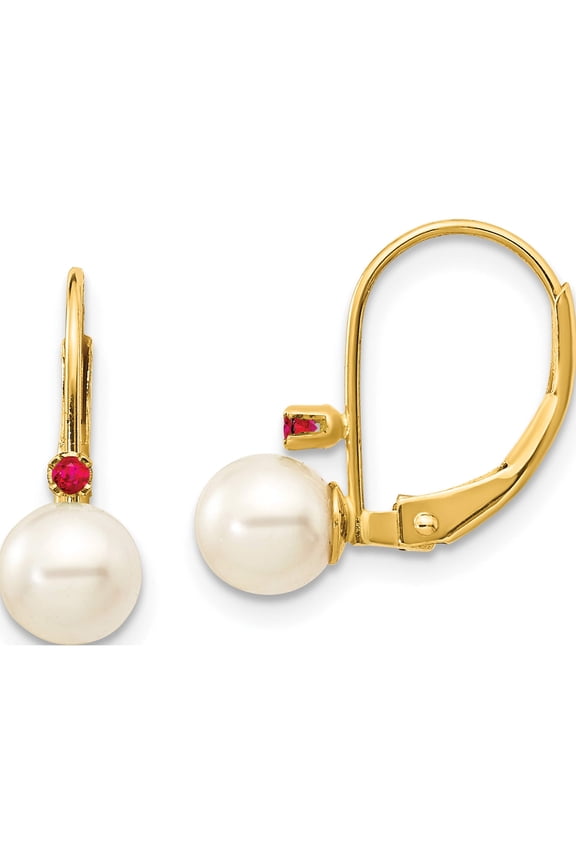 14K Yellow Gold 5-5.5mm White Round Fw Cultured Pearl Ruby Leverback Earrings (15 X 5) Made In India xlb50r/pl