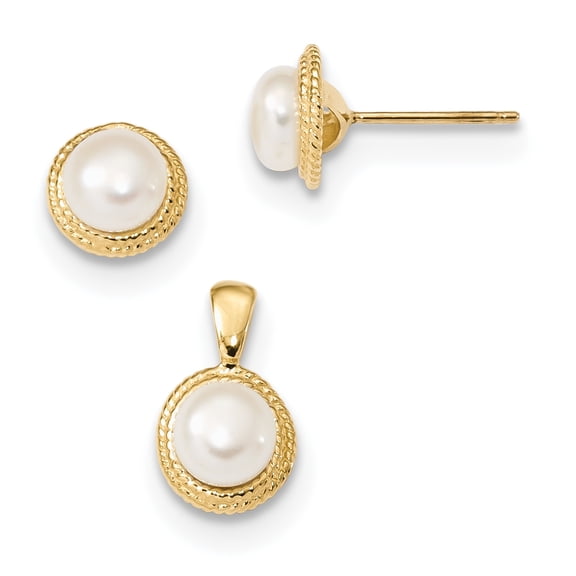 14K Yellow Gold 5-6mm White Button FWC Pearl Earring and Pendant Set