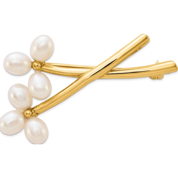Jewelry by Sweet Pea 14K Yellow Gold 5-6mm White Rice Freshwater Cultured Pearl 2 Flower Pin