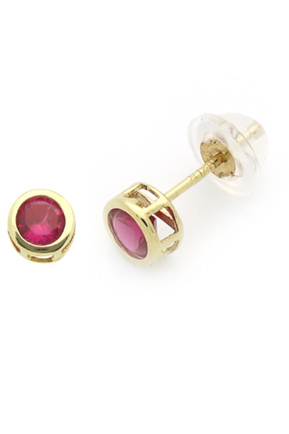 14K Yellow Gold 5mm Round Cubic Zirconia Bezel Safetyback Stud Earrings - Red