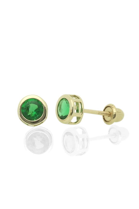 14K Yellow Gold 5mm Round Green Cubic Zirconia Bezel Screwback Stud Earrings