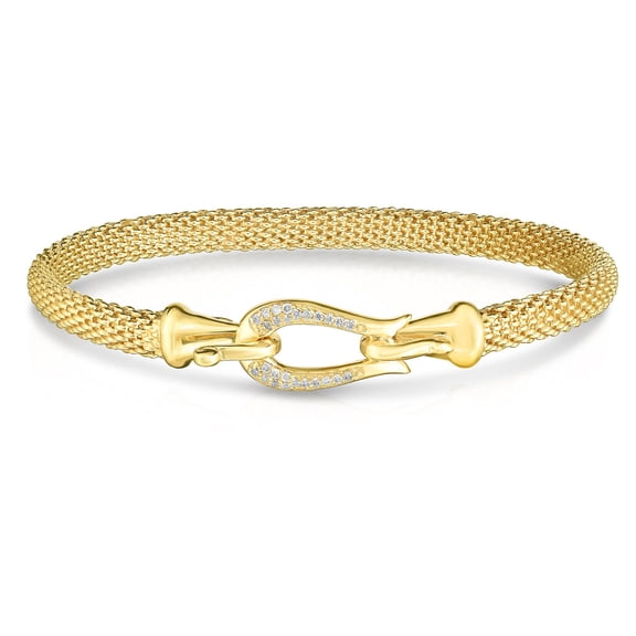 14K Yellow Gold 5mm Textured Dome Panther Bangle 7.25" Hook Clasp & 0.13ct White Diamonds 1mm by IcedTime