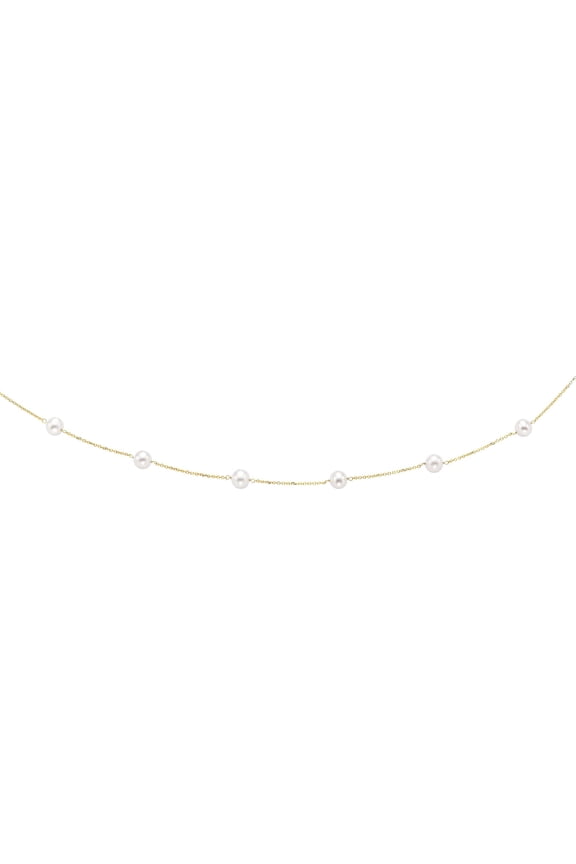 14K Yellow Gold 6-6.5mm White Pearl Tin Cup Necklace 16" with Spring Ring Clasp