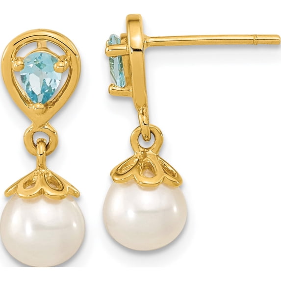 14K Yellow Gold 6-7mm Fwc Pearl Light Swiss Blue Topaz Dangle Post Earrings (16.85 X 6.15) Made In Thailand xf643bt