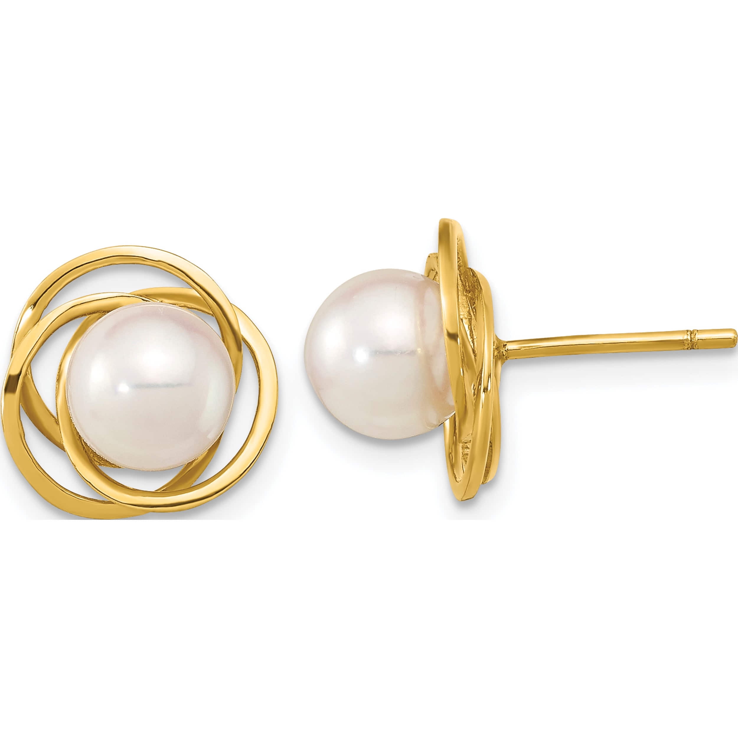 JEWELRY BY SWEET PEA 14K Yellow Gold 6-7mm Round White Saltwater Akoya Pearl Post Earrings (11.39 X 6.75) Made In Canada xf802e