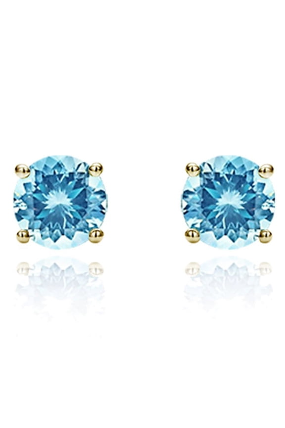14K Yellow Gold 6mm Round Cubic Zircornia Prong Set Solitaire Screwback Stud Earrings - Sky Blue