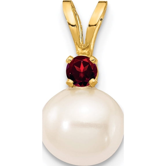 14K Yellow Gold 7-7.5mm White Round Fwc Pearl Garnet Pendants Made In Canada xf741/ga