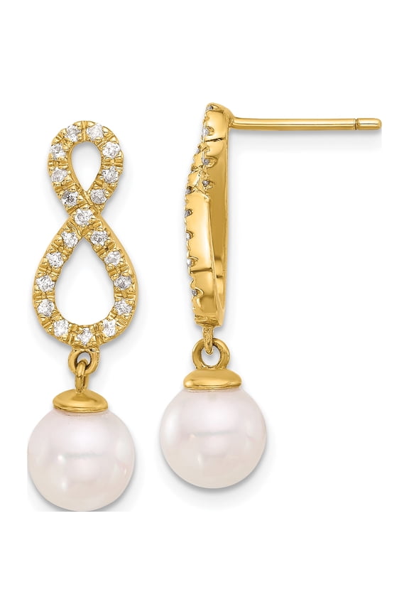 14K Yellow Gold 7-8mm White Round Akoya Saltwater Cultured Pearl and .40 Carat Diamond Infinity Post Dangle Earrings