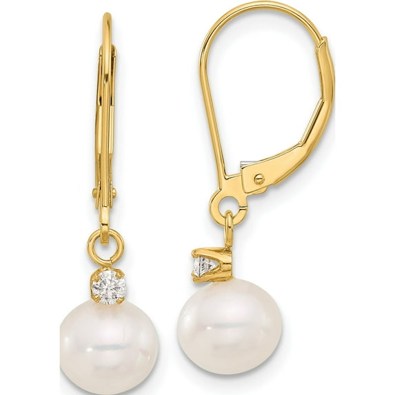 14K Yellow Gold 7-8Mm Round White Fwc Pearl And .10Ct Diamond Leverback Earrings (Width 7.5) (Length 7.5) - Jbsp