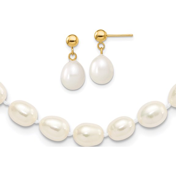 14K Yellow Gold 7-8mm Semi-Round Fw Cultured Pearl 18 In. Necklace & Post Earring Set Made In Canada xf394set