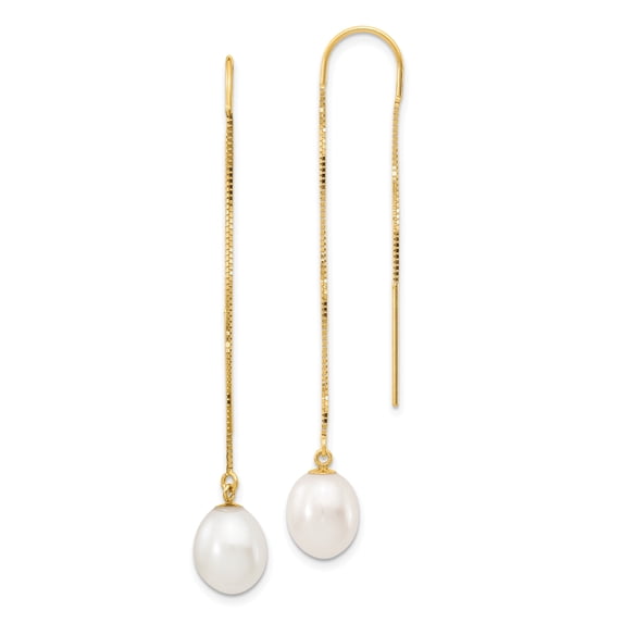 14K Yellow Gold 7-8mm White Rice Fw Cultured Pearl Box Chain Necklace Threader Earrings