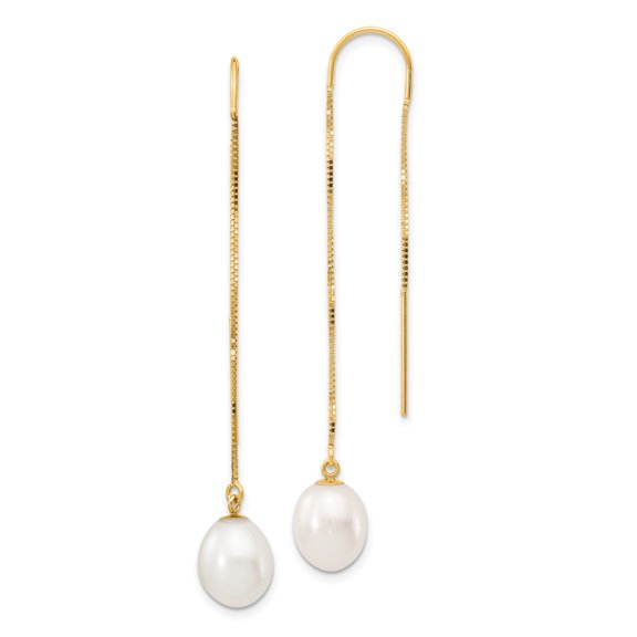 14K Yellow Gold 7-8mm White Rice Fw Cultured Pearl Box Chain Necklace Threader Earrings