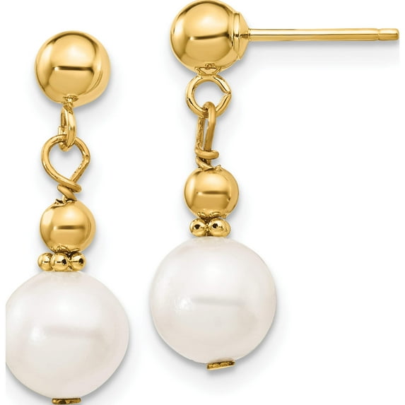 14K Yellow Gold 7-8mm White Semi-Round Freshwater Cultured Pearl Dangle Post Earrings Made In Canada xf564