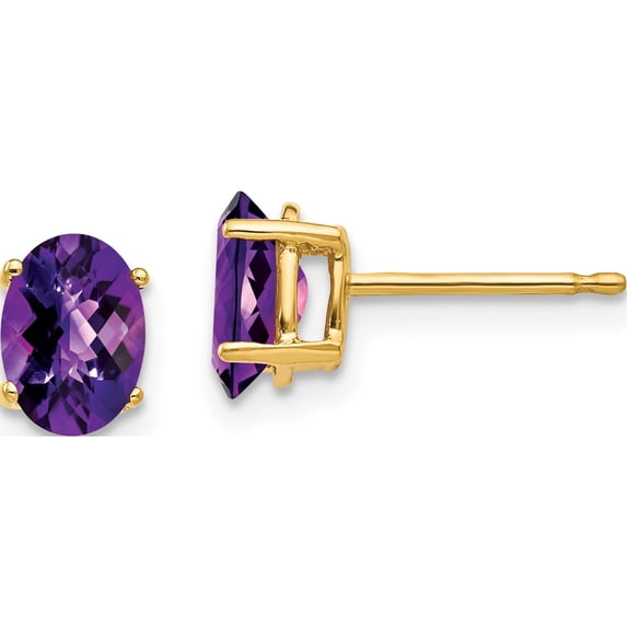 14K Yellow Gold 7X5mm Oval Amethyst Checker Earrings (8 X 5) Made In United States xe87ac