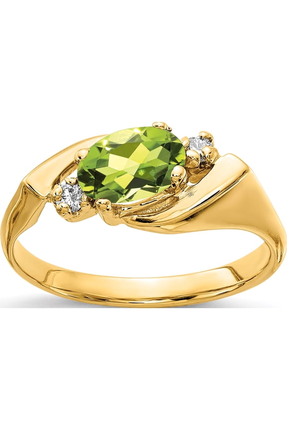 14K Yellow Gold 7X5mm Oval Peridot Checker Aa Diamond Ring (Size 6) Made In United States y2260pc/aa