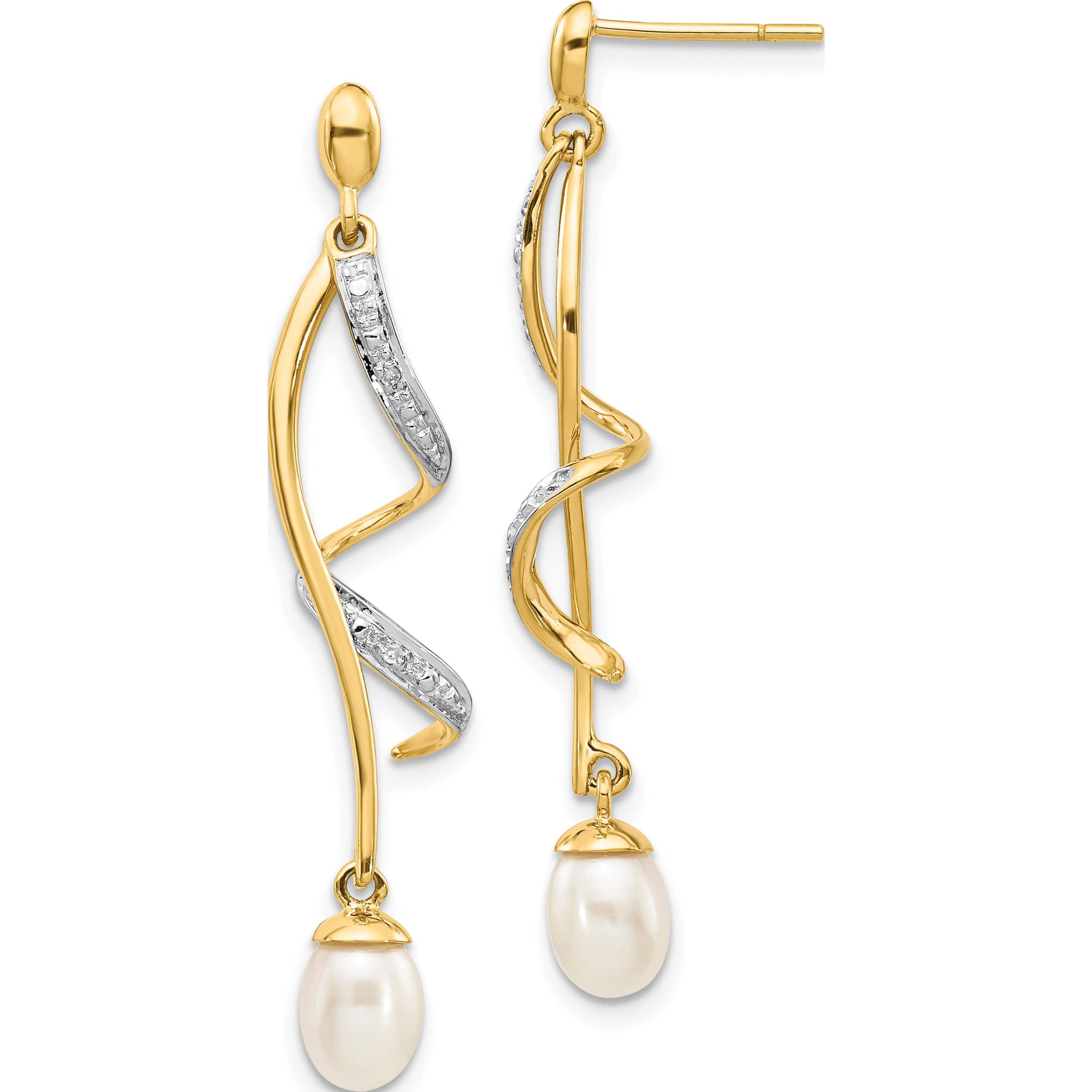 14K Yellow Gold 7X5mm White Teardrop Fwc Pearl .01Ct Diamond