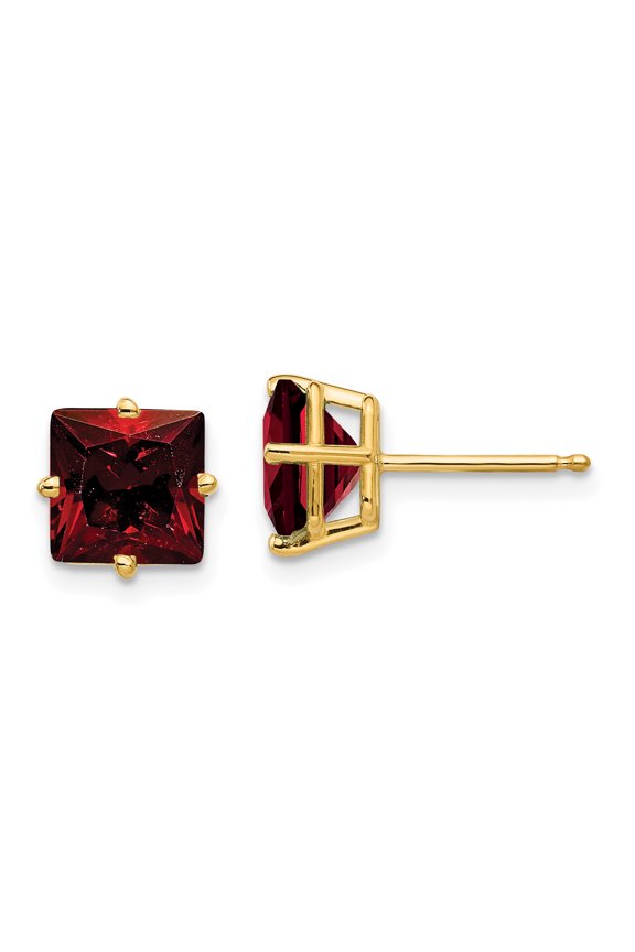 14K Yellow Gold 7mm Princess Cut Garnet Stud Earrings