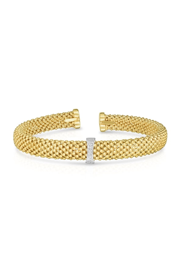 14K Yellow Gold 7mm Textured Fancy Cuff Popcorn Bangle 0.05ct Diamonds by IcedTime
