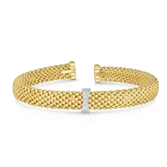 14K Yellow Gold 7mm Textured Fancy Cuff Popcorn Bangle 0.05ct Diamonds by IcedTime