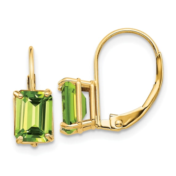 14K Yellow Gold 7x5mm Emerald Cut Peridot Leverback Dangle Earrings