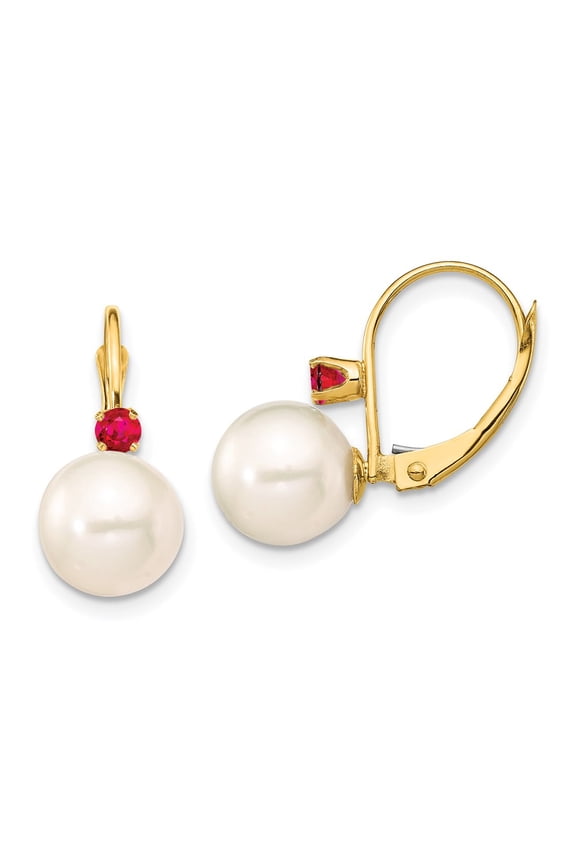 14K Yellow Gold 8-8.5mm White Round Freshwater Cultured Pearl Ruby Leverback Ball Earrings