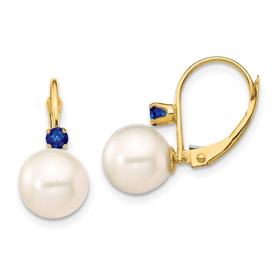 14K Yellow Gold 8-8.5mm White Round Freshwater Cultured Pearl Sapphire Leverback Ball Earrings