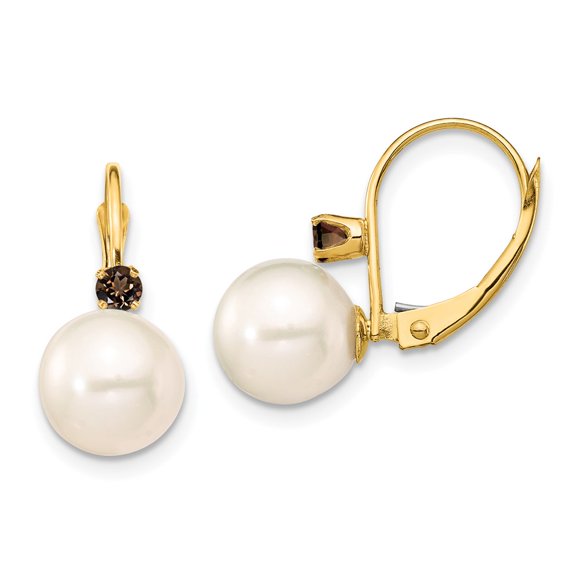 14K Yellow Gold 8-8.5mm White Round Freshwater Cultured Pearl Smokey Quartz Leverback Ball Earrings