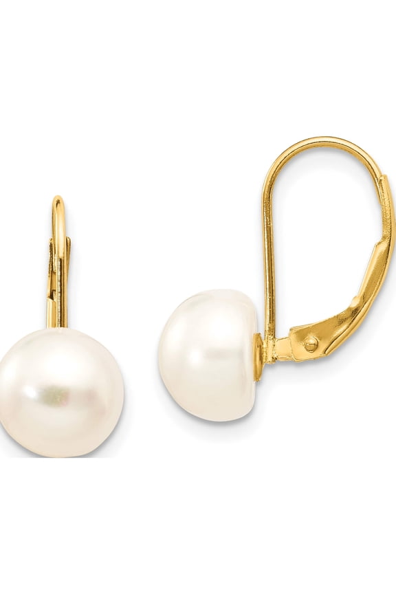 14K Yellow Gold 8-9mm White Button Freshwater Cultured Pearl Leverback Earrings