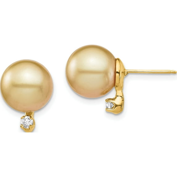 14K Yellow Gold 9-10mm Golden Saltwater Cultured South Sea Pearl .10Ct Dia Earrings Made In Canada xf747e