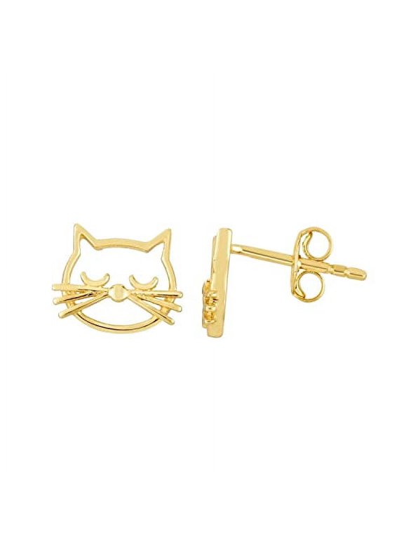 JewelStop 14K Yellow Gold 9.5x7.7mm Cat Face Stud Earrings with Butterfly Backings for Women