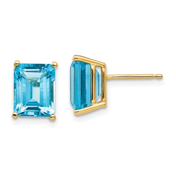 14K Yellow Gold 9x7mm Emerald Cut Blue Topaz Stud Earrings