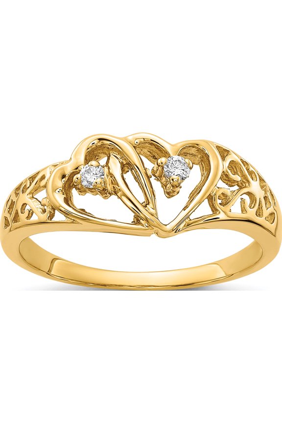 14K Yellow Gold Polished 1/20 carat AA Diamond Two Hearts Ring