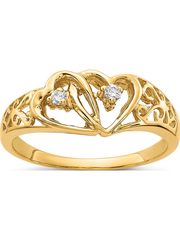 14K Yellow Gold Polished 1/20 carat AA Diamond Two Hearts Ring