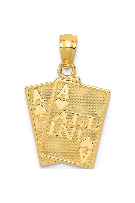 14K Yellow Gold Ace Of Hearts And Spades All In! Cards Pendant (21.5 X 13.5) Made In United States c3045
