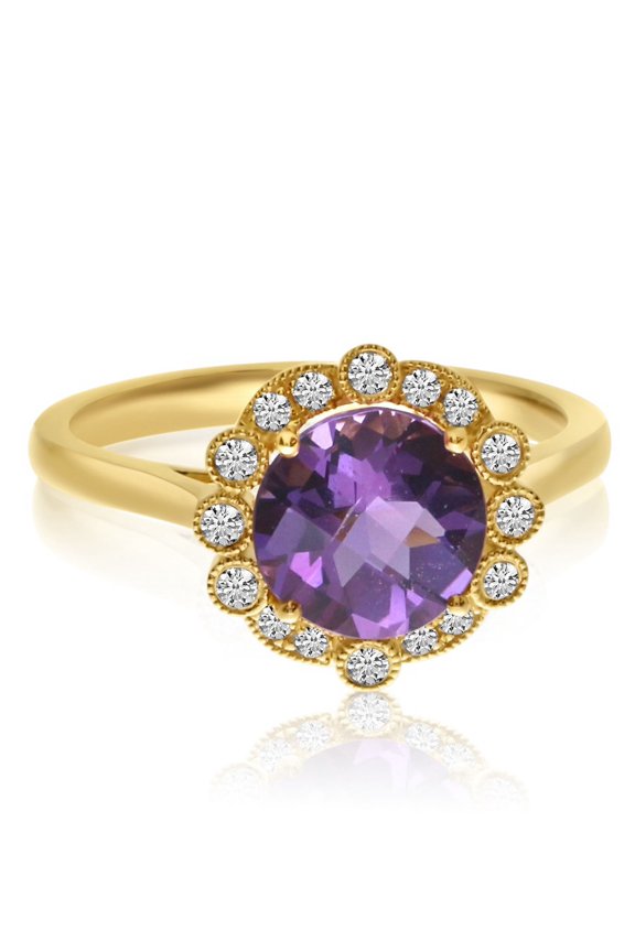 14K Yellow Gold Amethyst Beaded Halo Diamond Ring