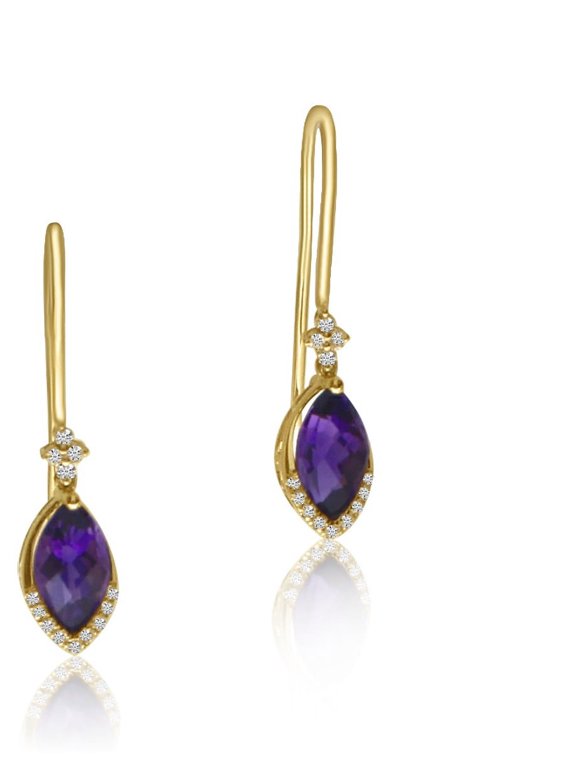 14K Yellow Gold Amethyst and Diamond Hook Earrings
