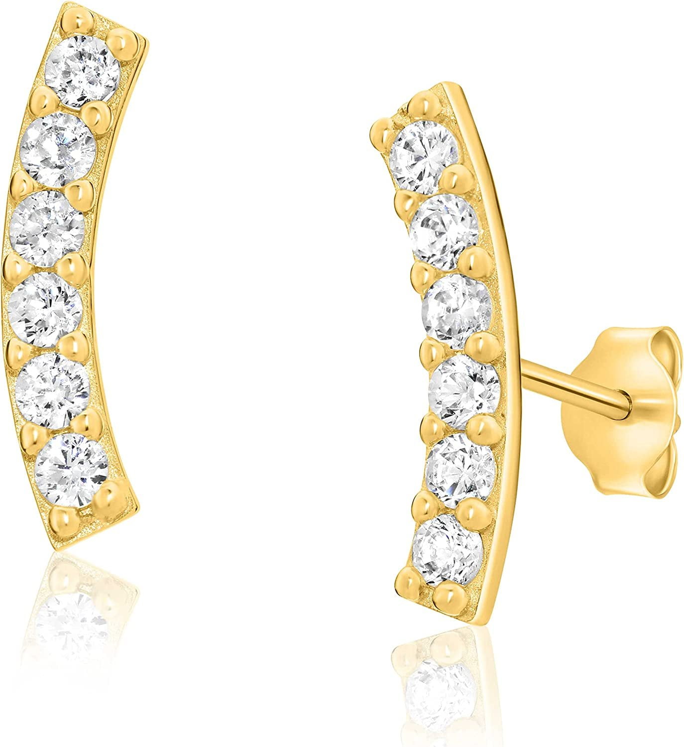 14K Yellow Gold Arched Bar Studs with Cubic Zirconia, Curved Bar 14k Real Gold Stud Earrings for Women